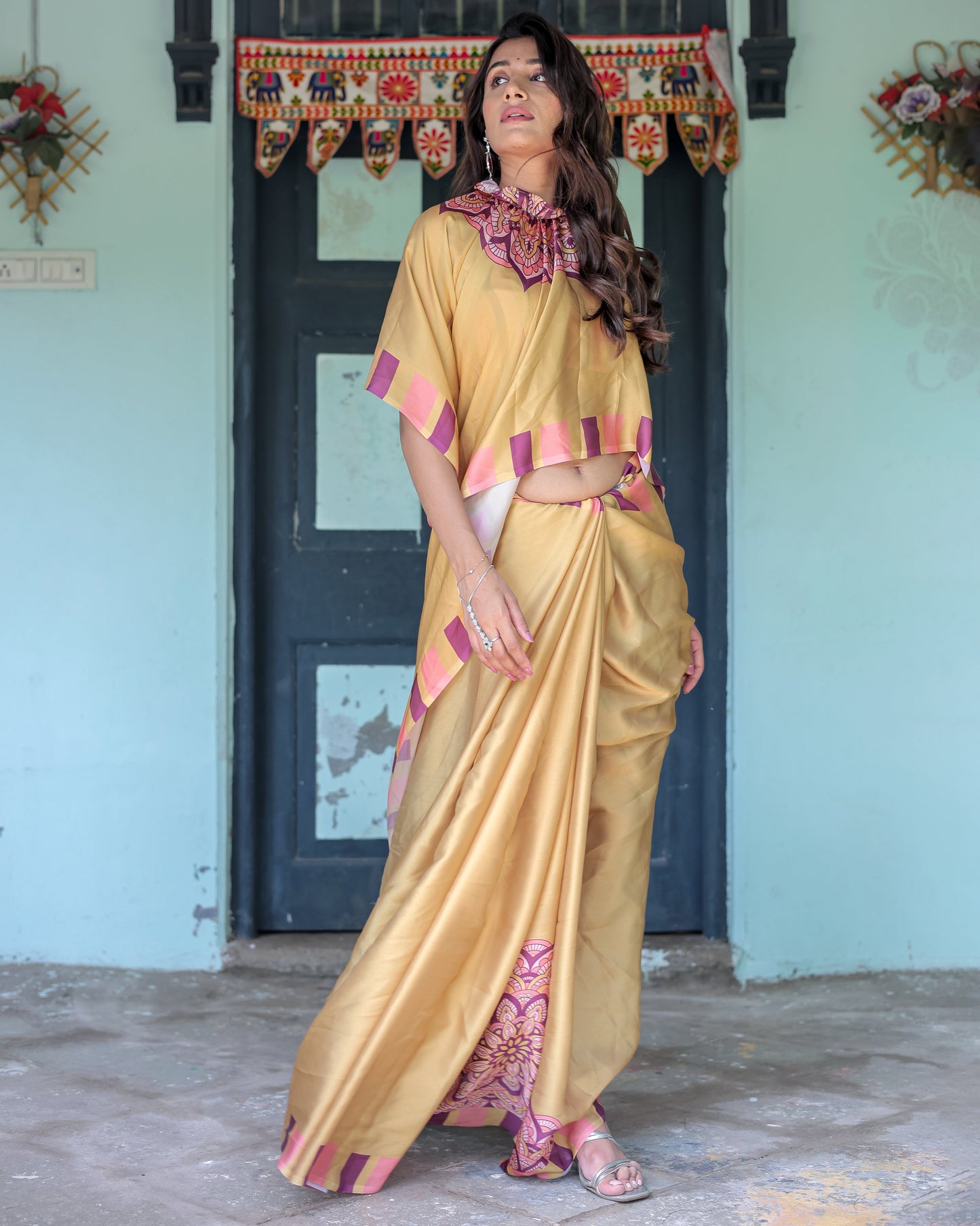 Golden Beige Freehand Designer Saree with Pink Mandala Motif & Striped Blouse | Satin Georgette | Handsfree Pallu