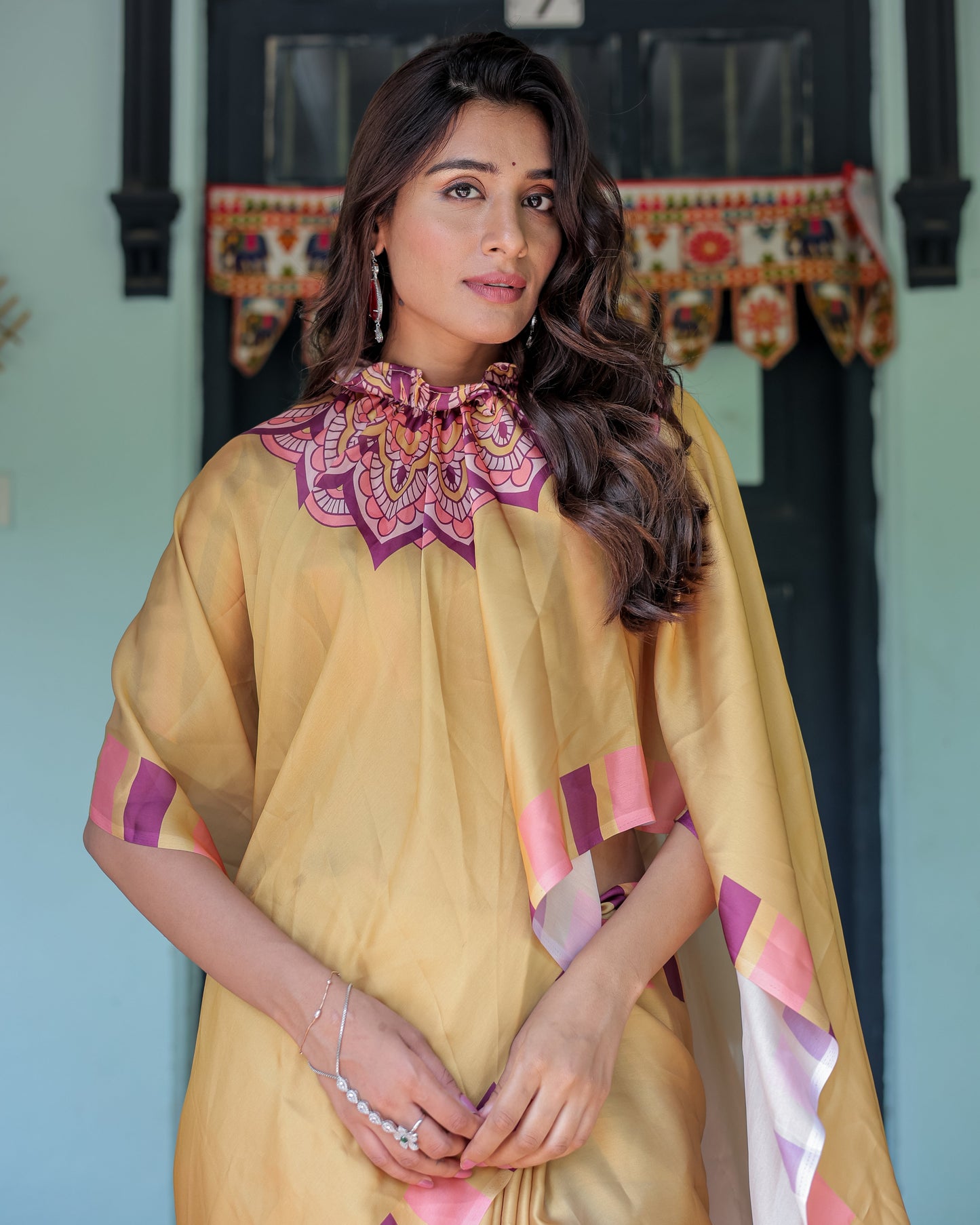 Golden Beige Freehand Designer Saree with Pink Mandala Motif & Striped Blouse | Satin Georgette | Handsfree Pallu