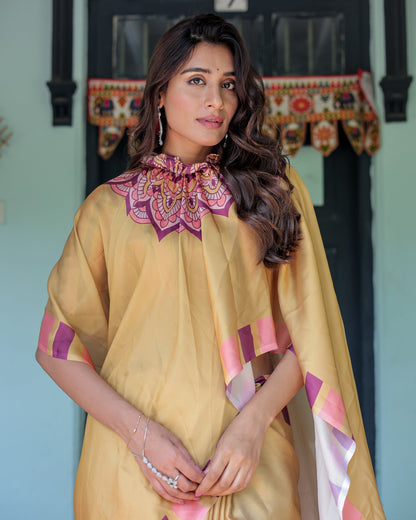 Golden Beige Freehand Designer Saree with Pink Mandala Motif & Striped Blouse | Satin Georgette | Handsfree Pallu