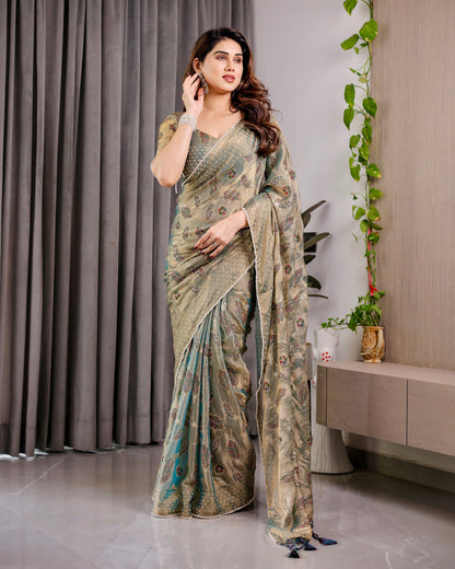 Pastel Green Fendy Chiffon Saree with Foil & Block Prints, Pearl Lace & Tassel Edges