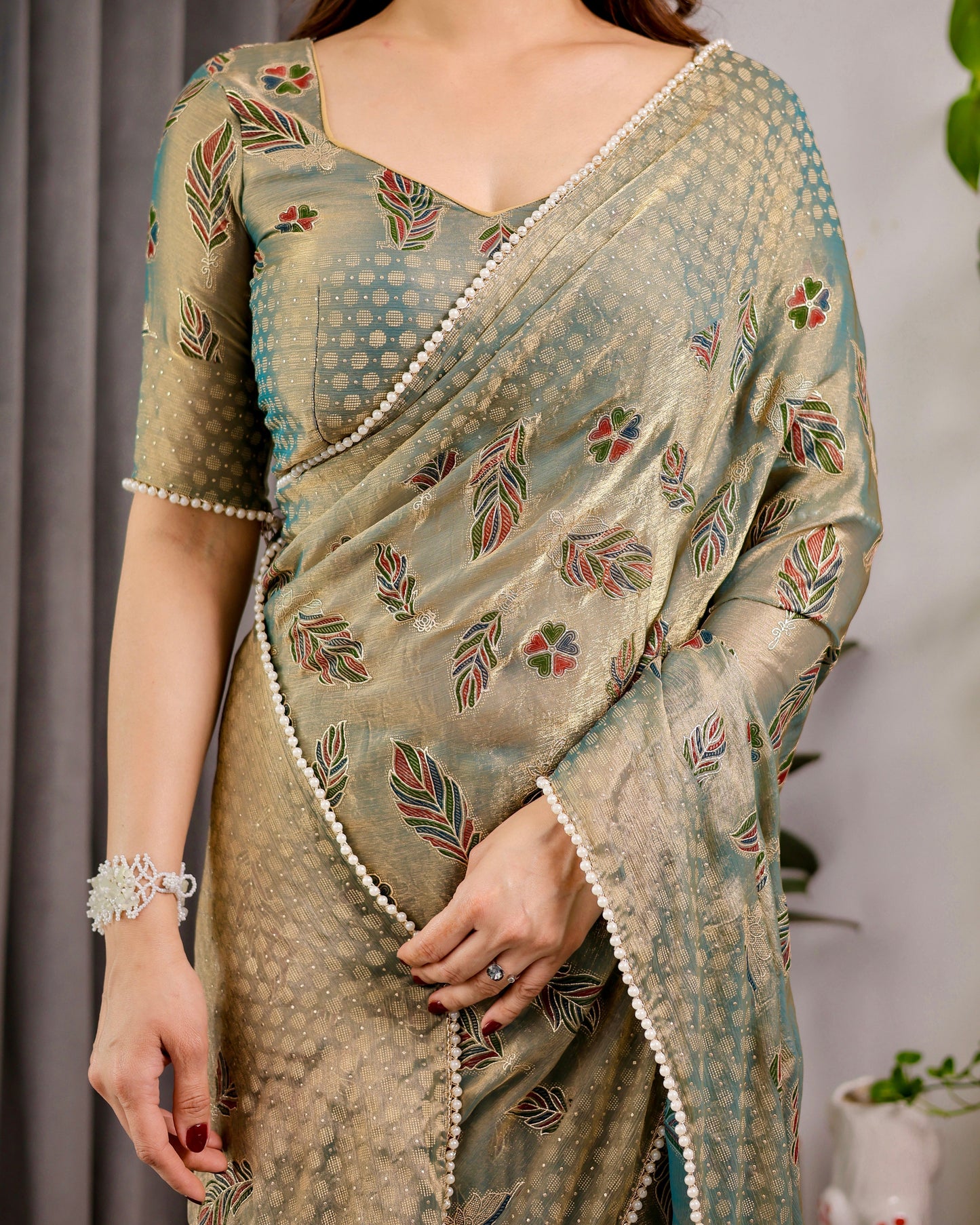 Pastel Green Fendy Chiffon Saree with Foil & Block Prints, Pearl Lace & Tassel Edges