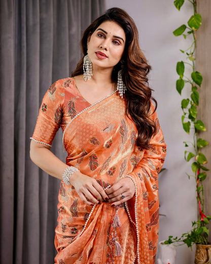 Sunset Orange Fendy Chiffon Saree with Foil & Block Print, Tassel Detail & Pearl Border