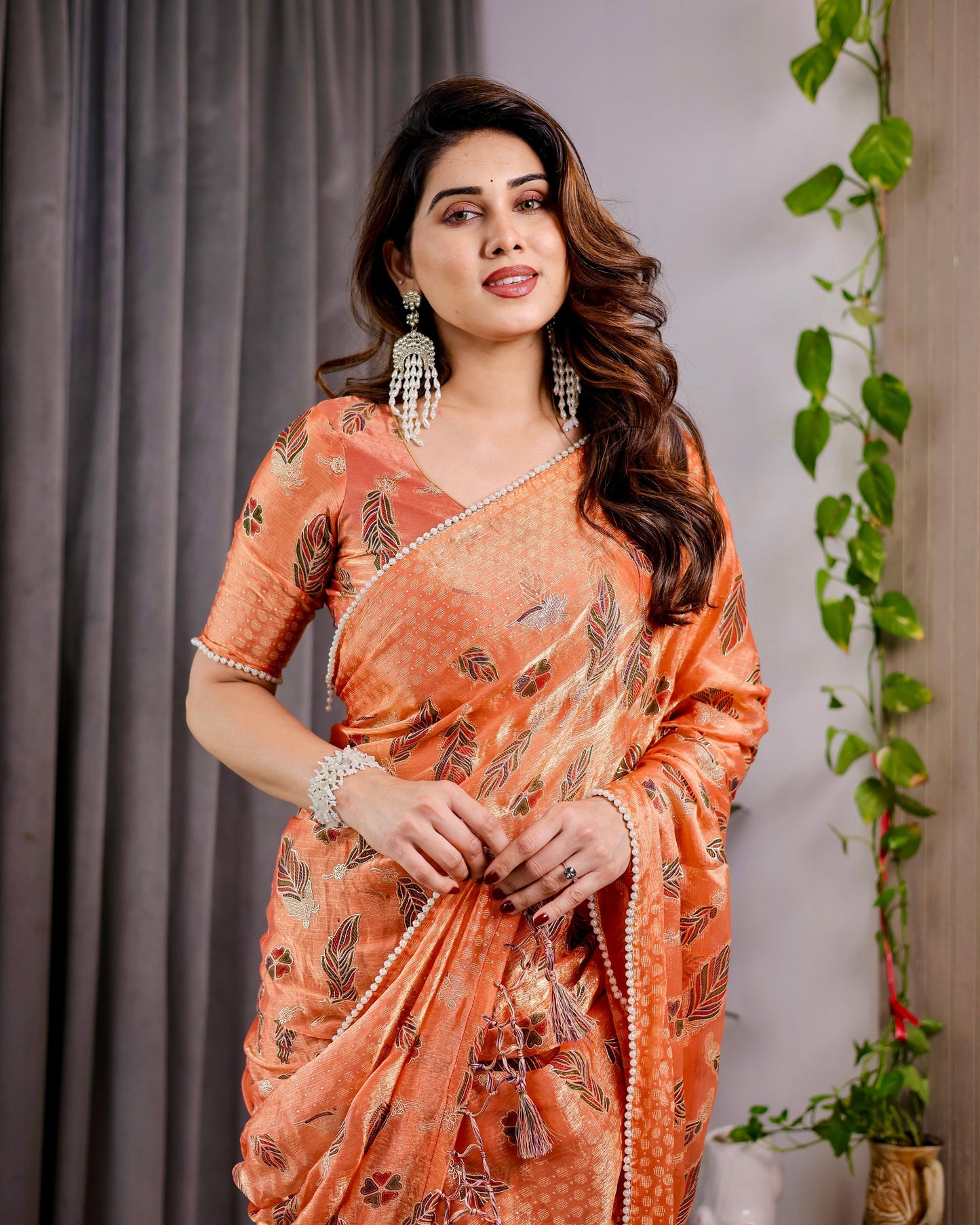 Sunset Orange Fendy Chiffon Saree with Foil & Block Print, Tassel Detail & Pearl Border