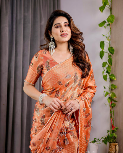 Sunset Orange Fendy Chiffon Saree with Foil & Block Print, Tassel Detail & Pearl Border