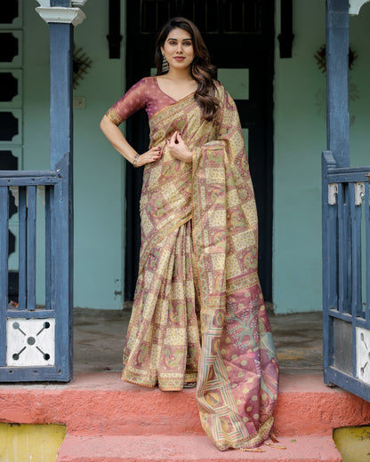 Cream & Maroon Handloom Cotton Saree with Deer Pallu and Blocked Peacock Motifs