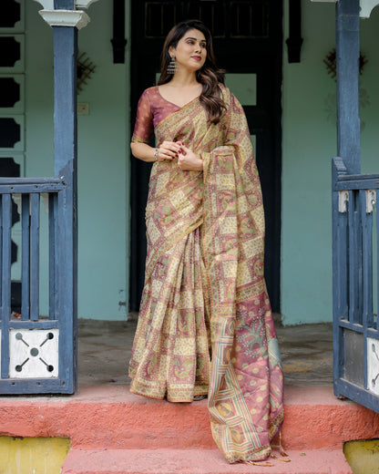 Cream & Maroon Handloom Cotton Saree with Deer Pallu and Blocked Peacock Motifs
