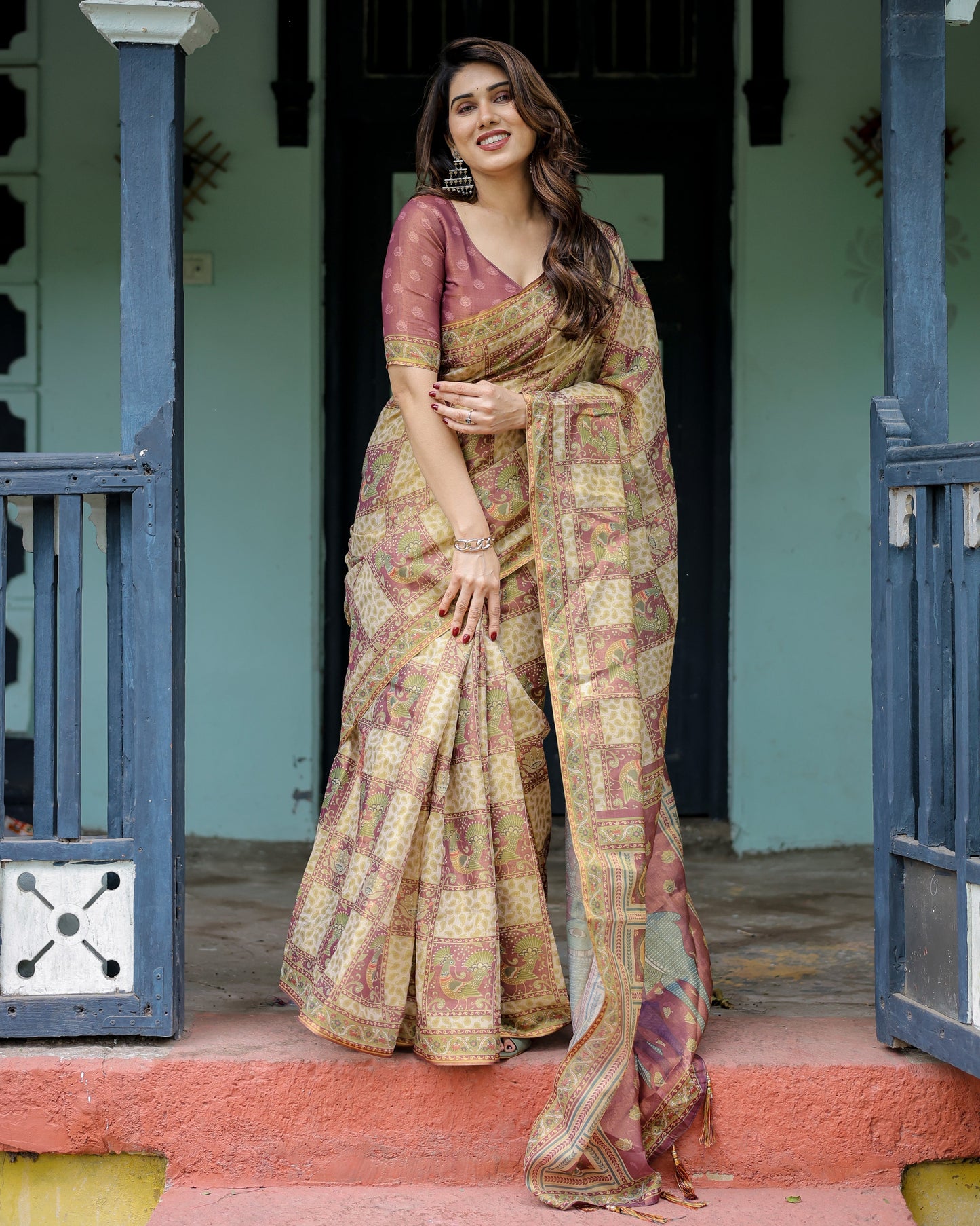 Cream & Maroon Handloom Cotton Saree with Deer Pallu and Blocked Peacock Motifs