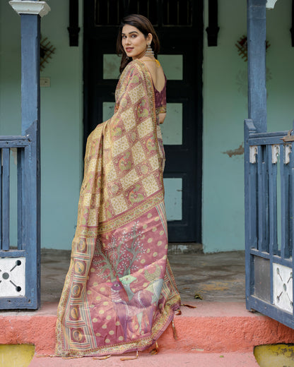 Cream & Maroon Handloom Cotton Saree with Deer Pallu and Blocked Peacock Motifs