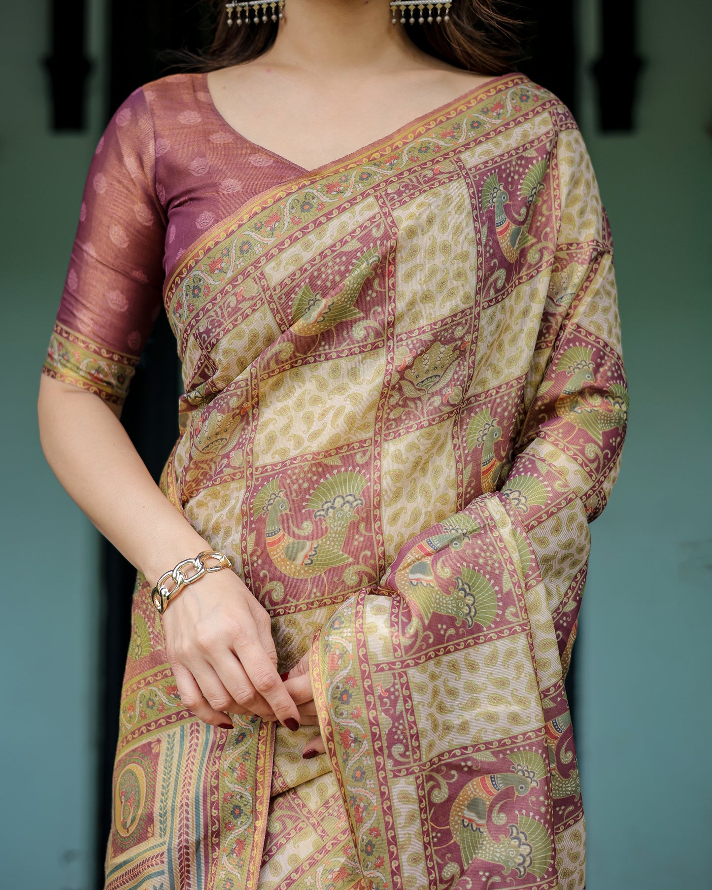 Cream & Maroon Handloom Cotton Saree with Deer Pallu and Blocked Peacock Motifs