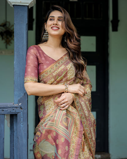 Cream & Maroon Handloom Cotton Saree with Deer Pallu and Blocked Peacock Motifs