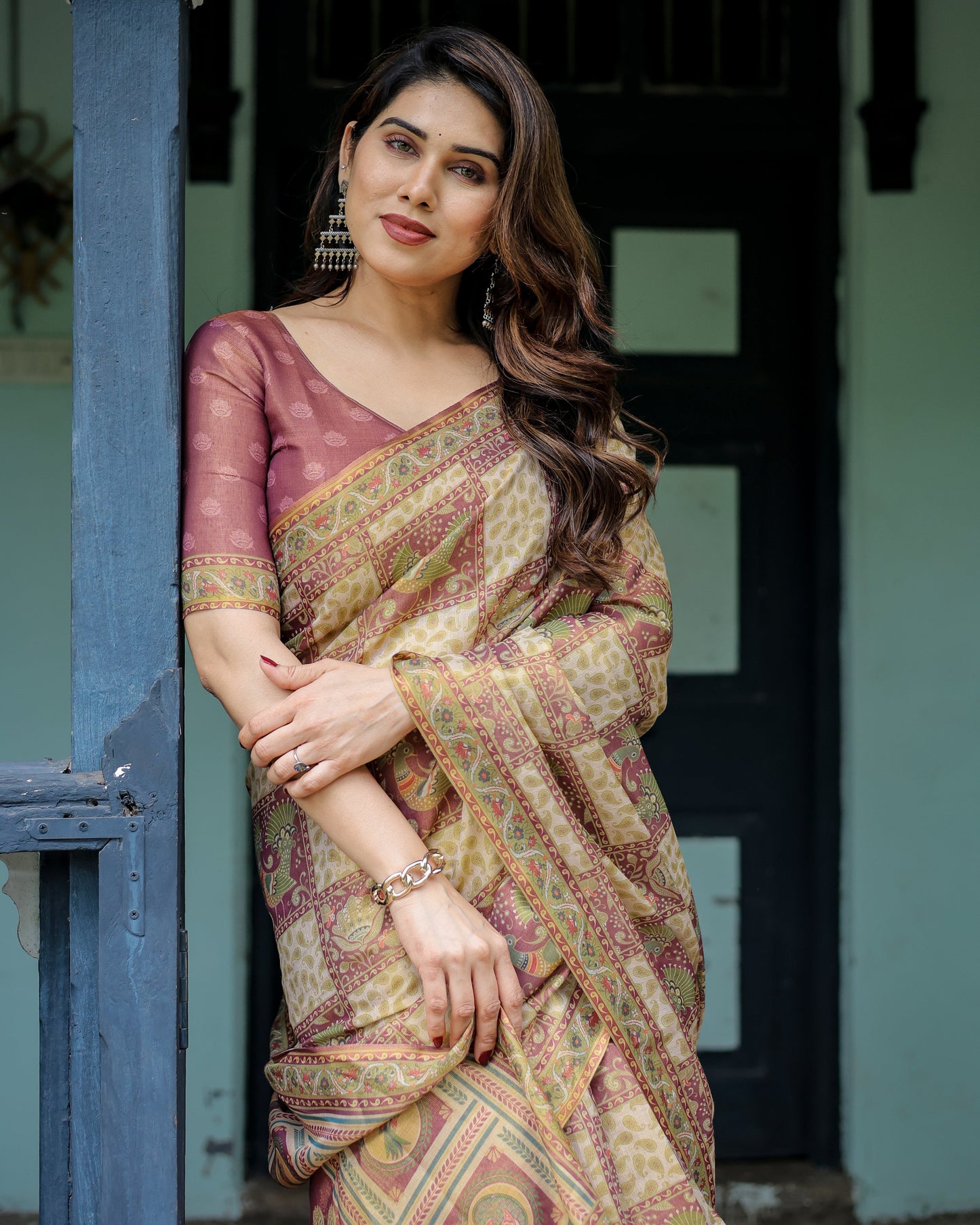 Cream & Maroon Handloom Cotton Saree with Deer Pallu and Blocked Peacock Motifs