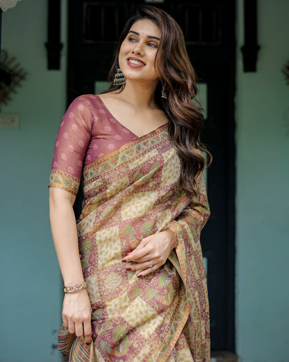 Cream & Maroon Handloom Cotton Saree with Deer Pallu and Blocked Peacock Motifs