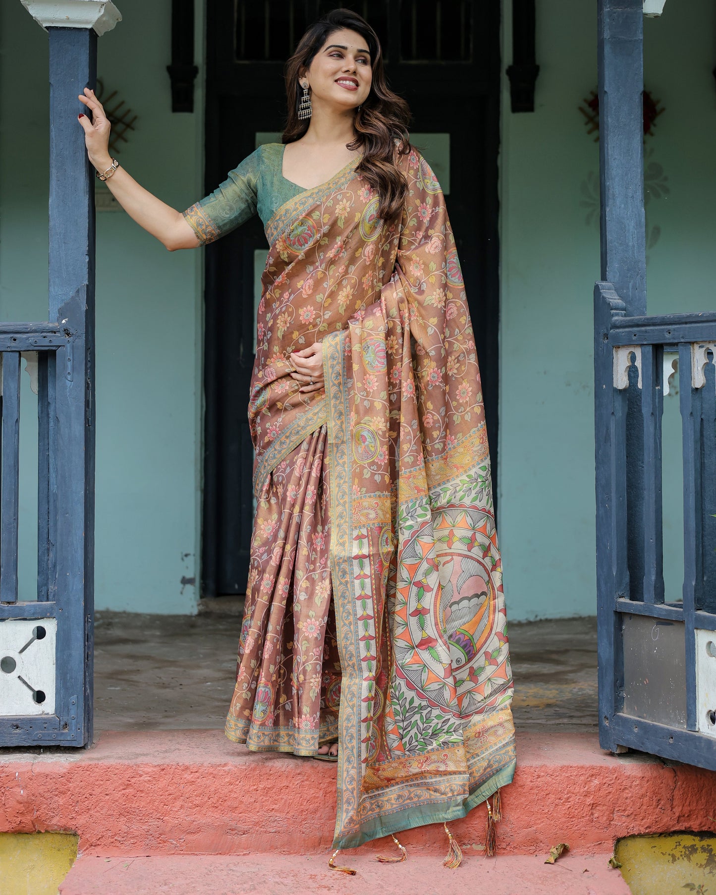 Rust Red Handloom Cotton Saree with Madhubani Fish Art & Floral Motifs – Contrast Blouse