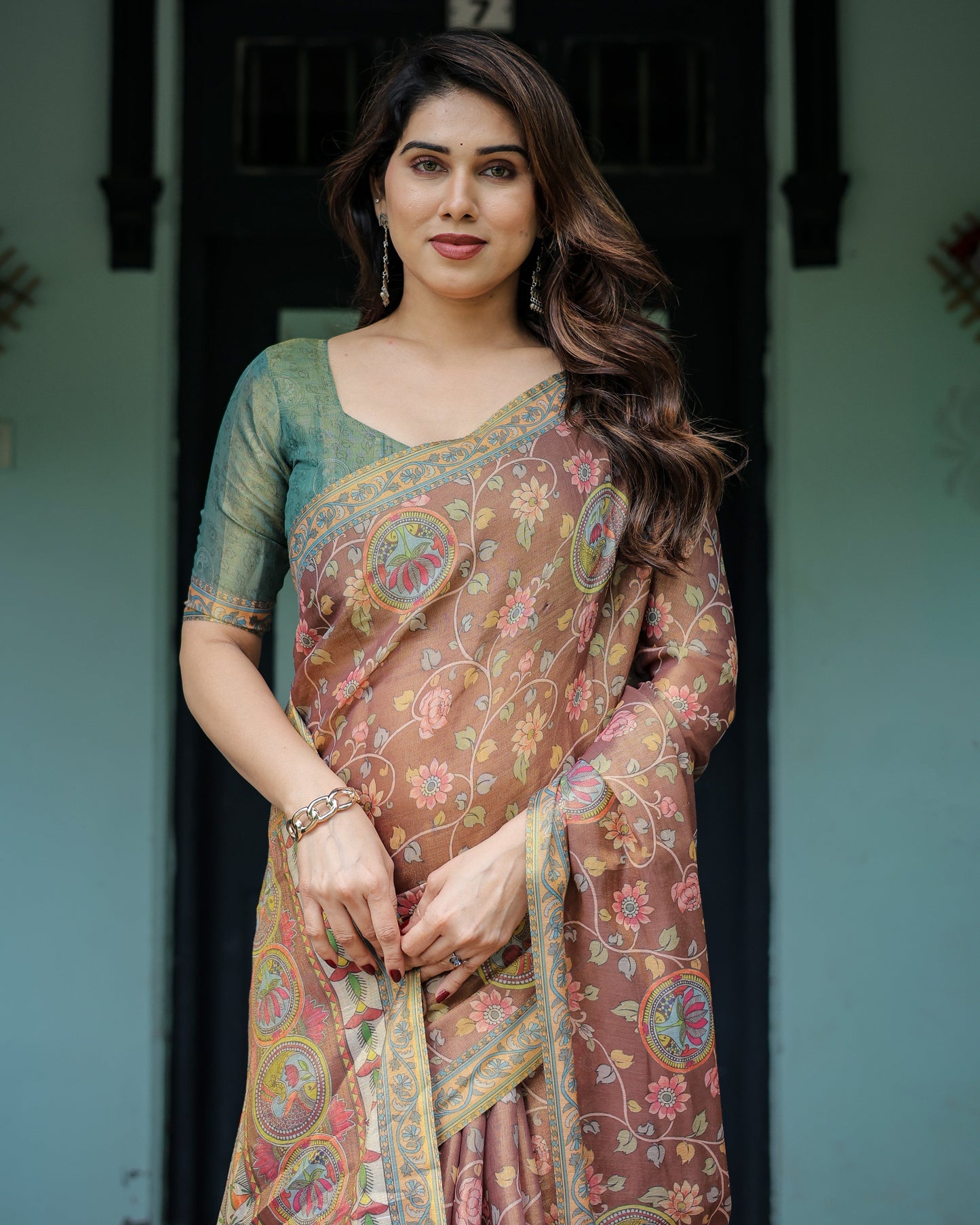 Rust Red Handloom Cotton Saree with Madhubani Fish Art & Floral Motifs – Contrast Blouse