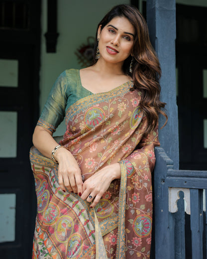 Rust Red Handloom Cotton Saree with Madhubani Fish Art & Floral Motifs – Contrast Blouse