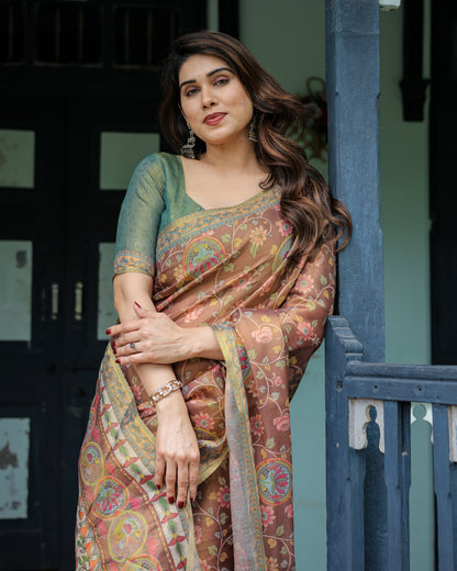 Rust Red Handloom Cotton Saree with Madhubani Fish Art & Floral Motifs – Contrast Blouse