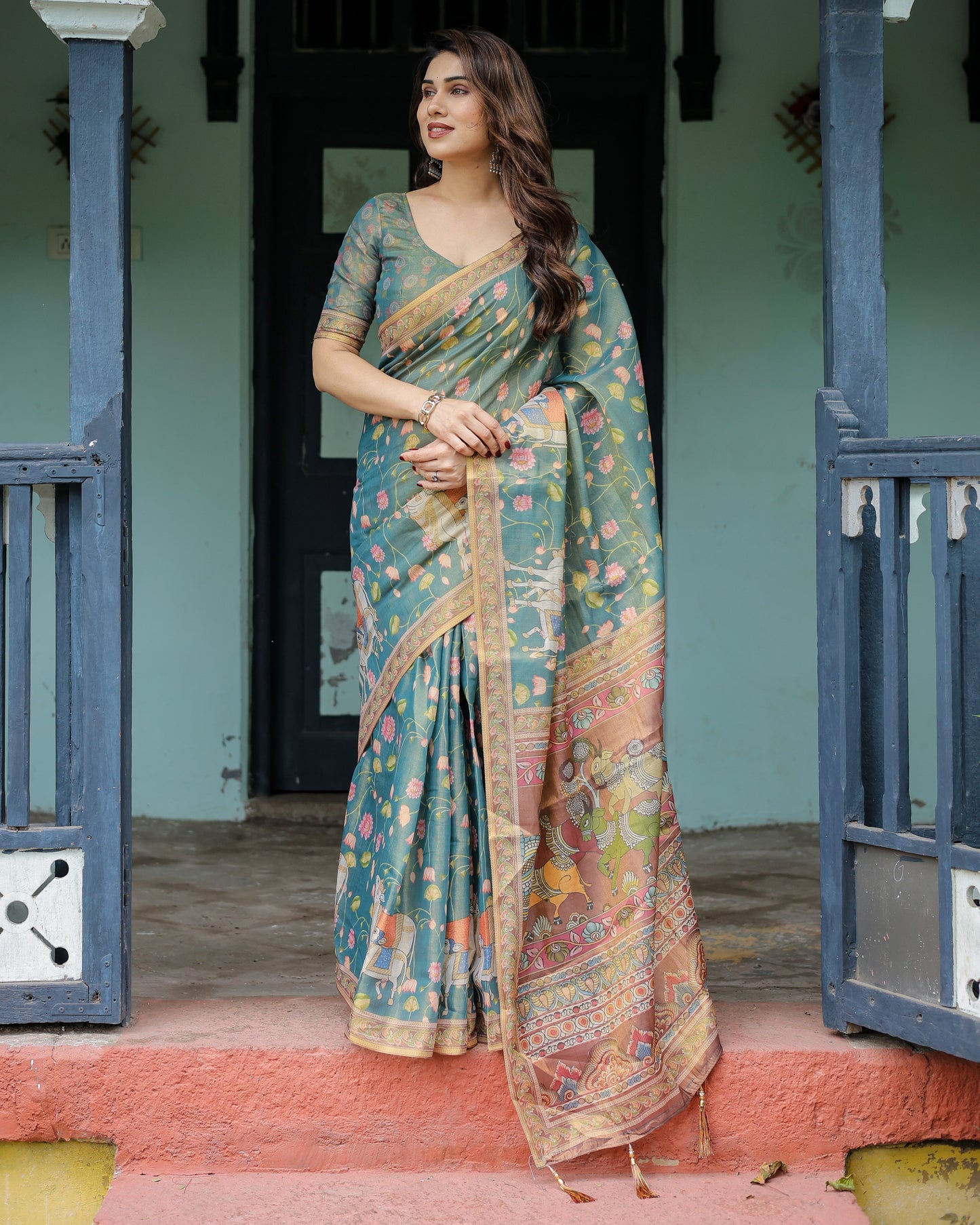 Divine Procession Teal Green Handloom Cotton Saree with Lotus Floral Print & Artistic Pallu