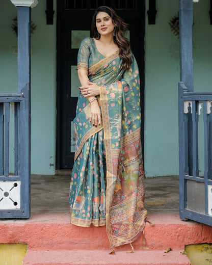 Divine Procession Teal Green Handloom Cotton Saree with Lotus Floral Print & Artistic Pallu