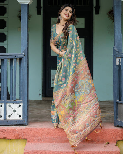 Divine Procession Teal Green Handloom Cotton Saree with Lotus Floral Print & Artistic Pallu