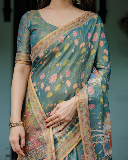 Divine Procession Teal Green Handloom Cotton Saree with Lotus Floral Print & Artistic Pallu