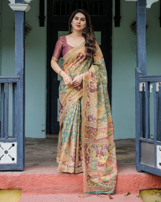 Sage Green & Maroon Handloom Cotton Saree with Mythical Tribal Art and Floral Motifs