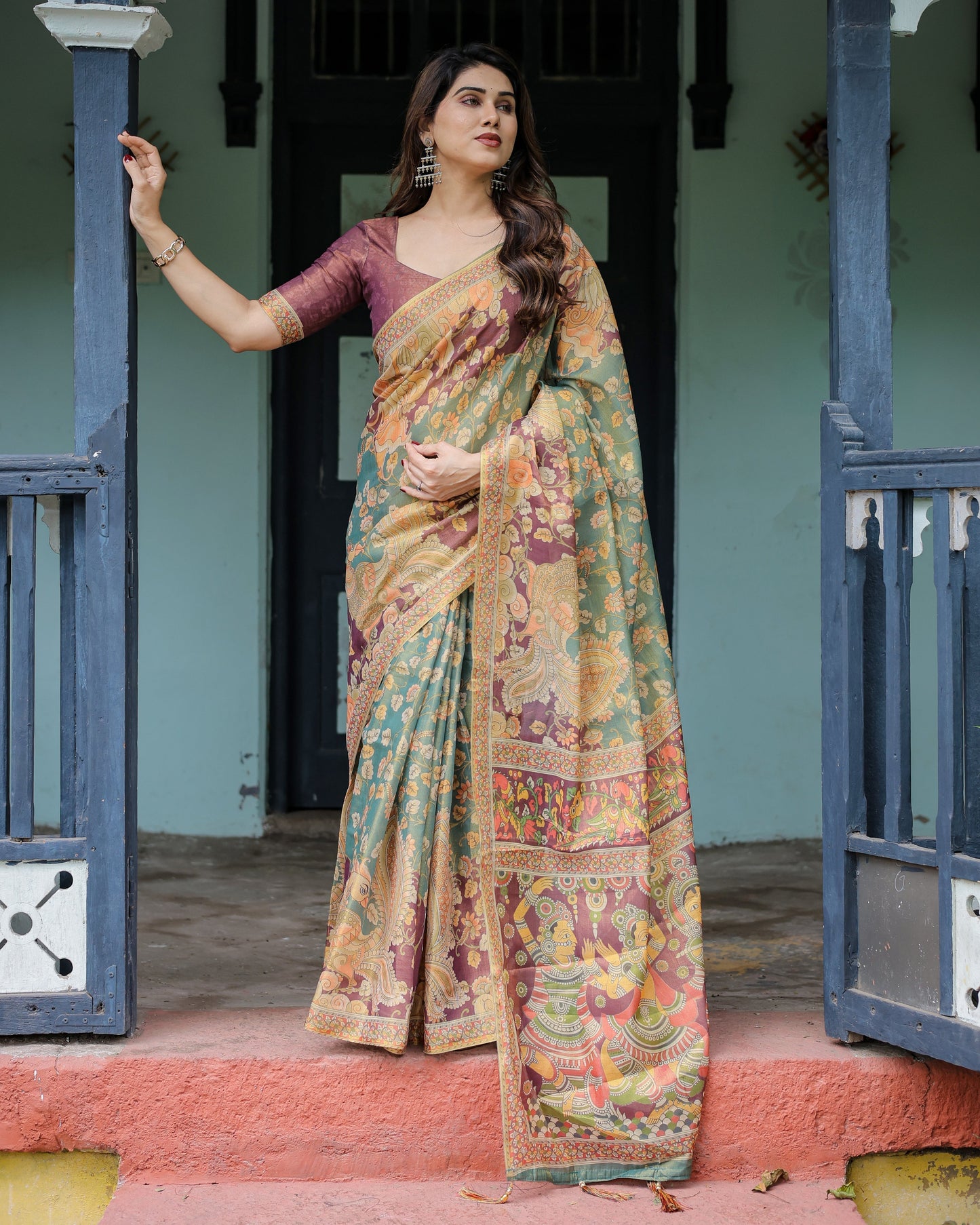 Sage Green & Maroon Handloom Cotton Saree with Mythical Tribal Art and Floral Motifs