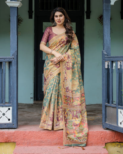 Sage Green & Maroon Handloom Cotton Saree with Mythical Tribal Art and Floral Motifs
