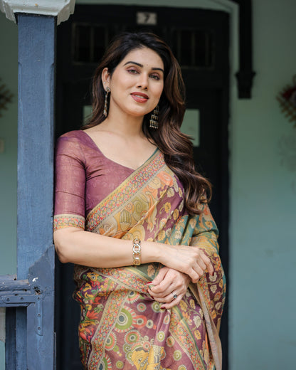 Sage Green & Maroon Handloom Cotton Saree with Mythical Tribal Art and Floral Motifs