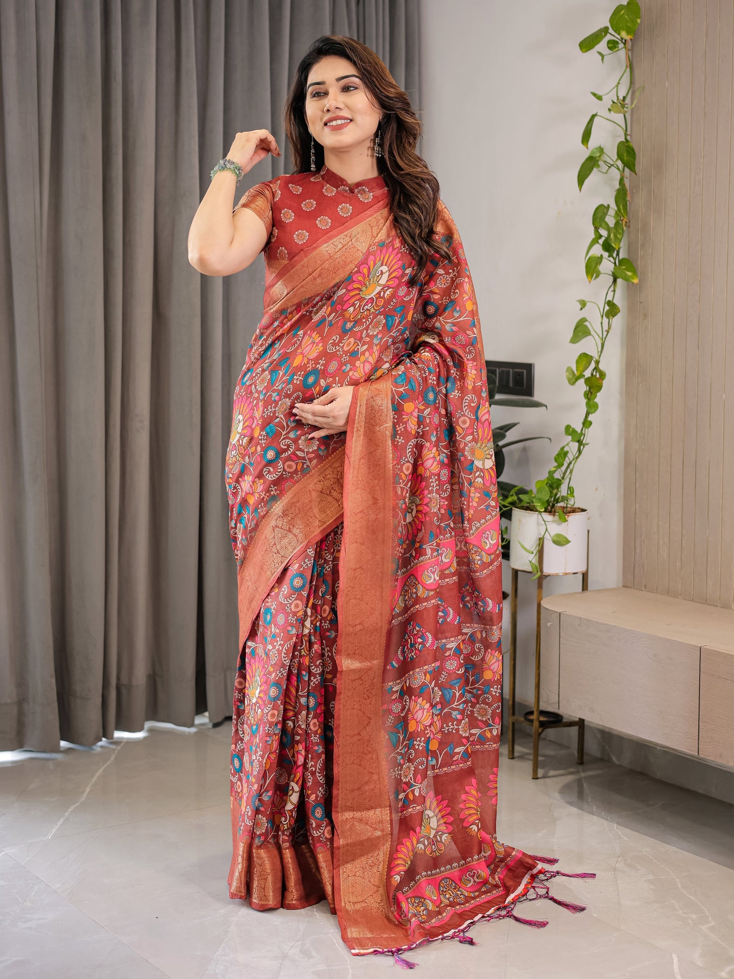 Rust Orange Cotton Linen Saree with Multicolor Floral Print & Zari Border | With Blouse