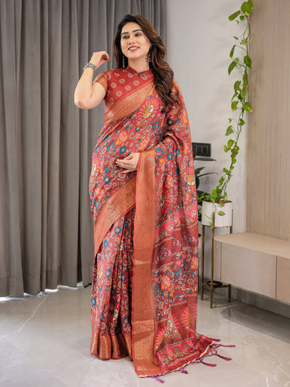 Rust Orange Cotton Linen Saree with Multicolor Floral Print & Zari Border | With Blouse