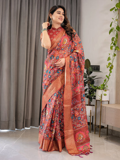 Rust Orange Cotton Linen Saree with Multicolor Floral Print & Zari Border | With Blouse