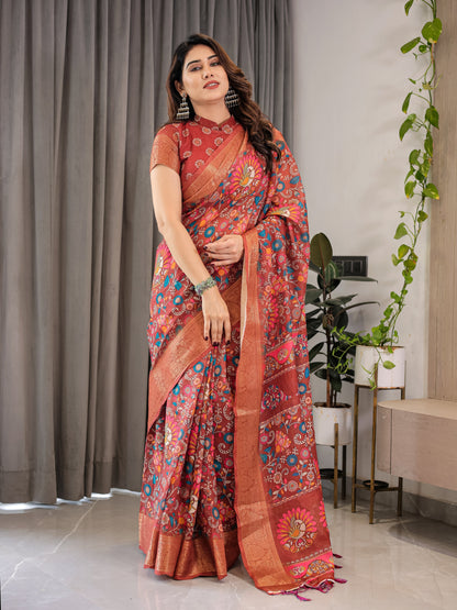 Rust Orange Cotton Linen Saree with Multicolor Floral Print & Zari Border | With Blouse