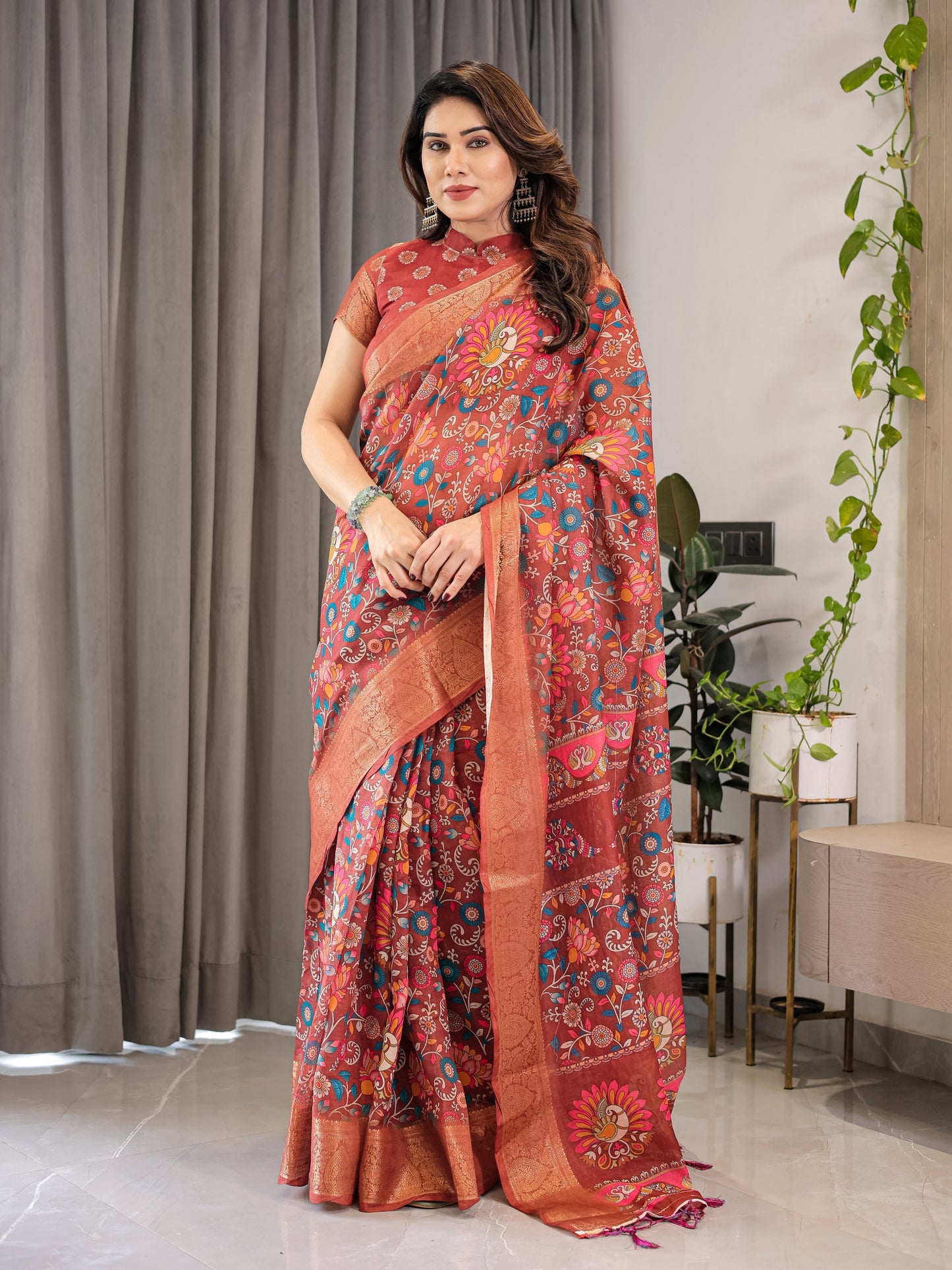Rust Orange Cotton Linen Saree with Multicolor Floral Print & Zari Border | With Blouse