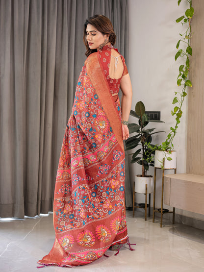Rust Orange Cotton Linen Saree with Multicolor Floral Print & Zari Border | With Blouse