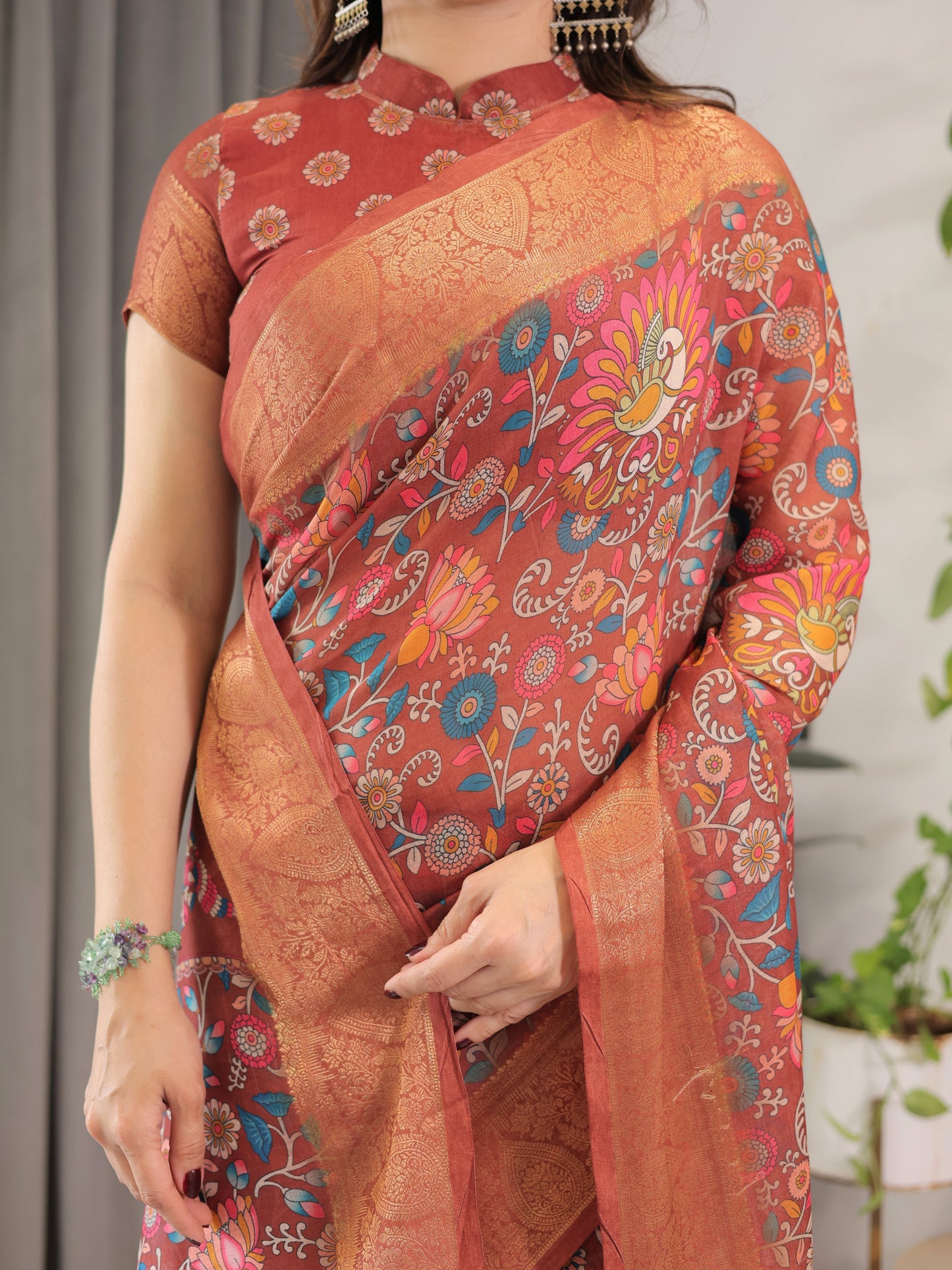 Rust Orange Cotton Linen Saree with Multicolor Floral Print & Zari Border | With Blouse