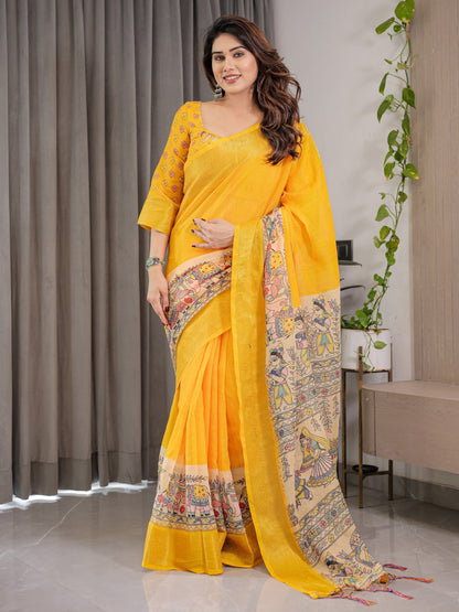 Sunshine Yellow Cotton Linen Saree with Madhubani Pallu & Zari Border | With Blouse Piece