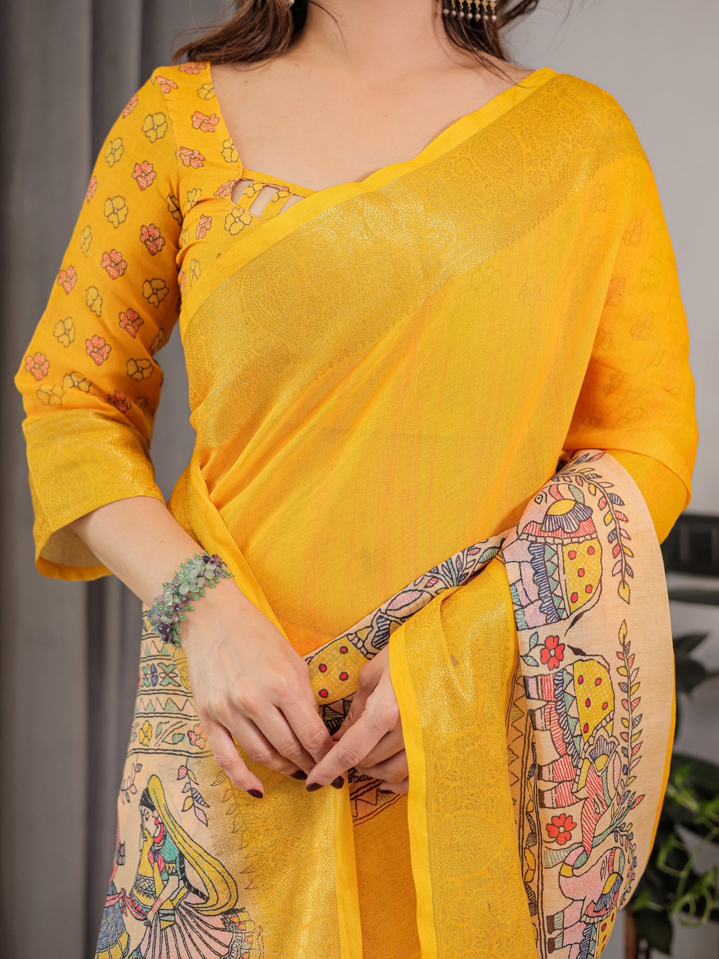 Sunshine Yellow Cotton Linen Saree with Madhubani Pallu & Zari Border | With Blouse Piece