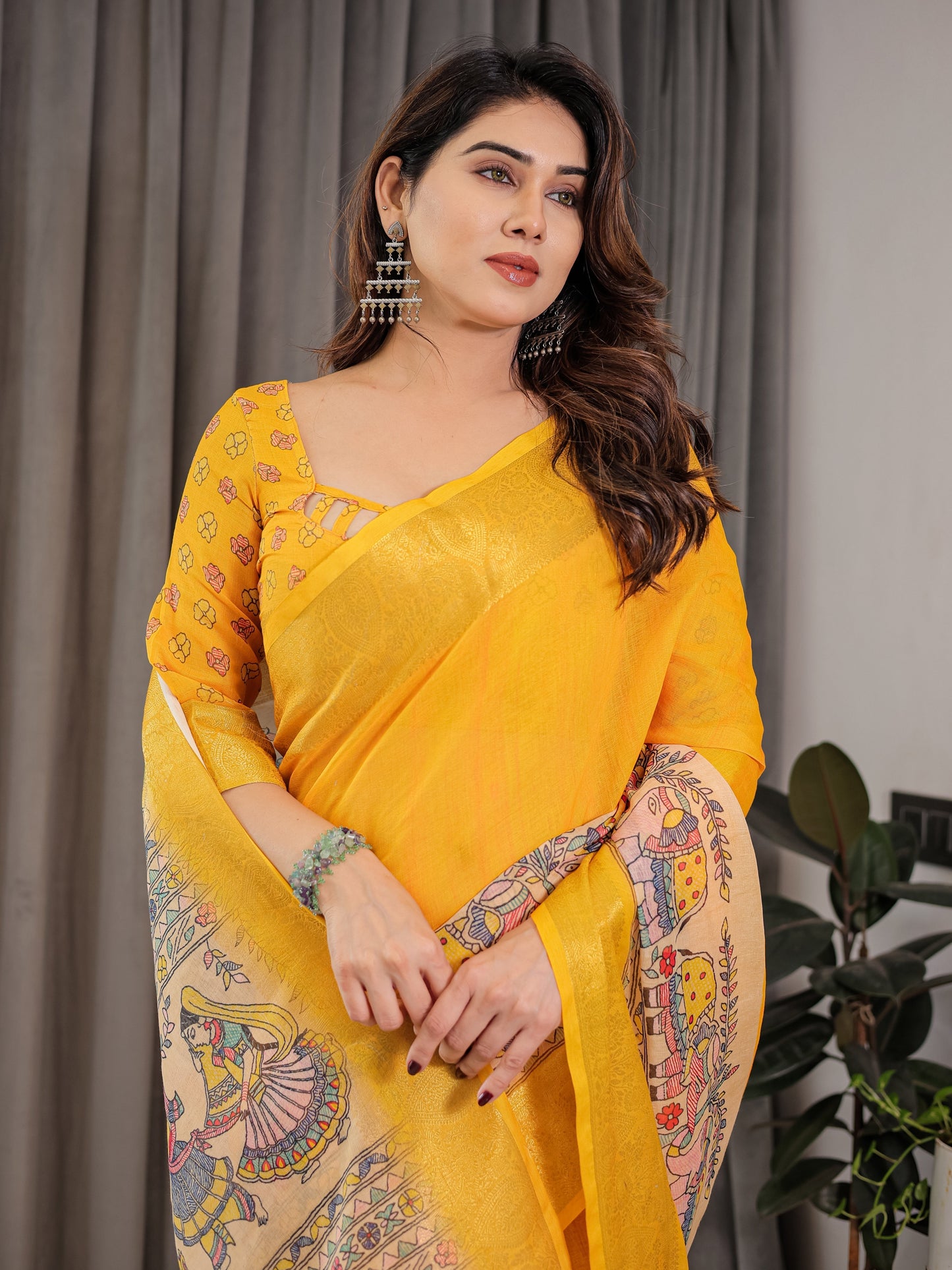 Sunshine Yellow Cotton Linen Saree with Madhubani Pallu & Zari Border | With Blouse Piece
