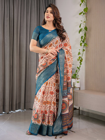 Off-White Cotton Linen Saree with Teal Zari Border & Multicolor Floral Mandala Print | With Blouse Piece