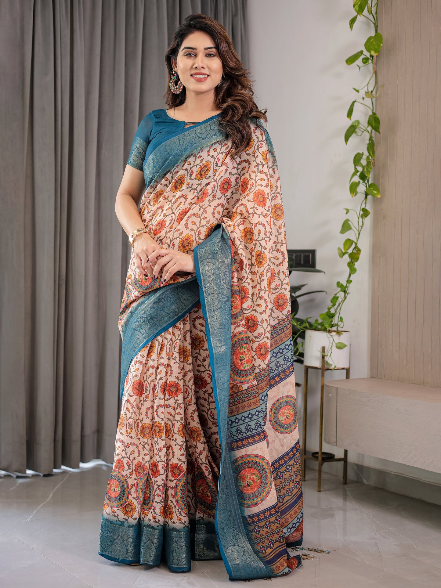 Off-White Cotton Linen Saree with Teal Zari Border & Multicolor Floral Mandala Print | With Blouse Piece