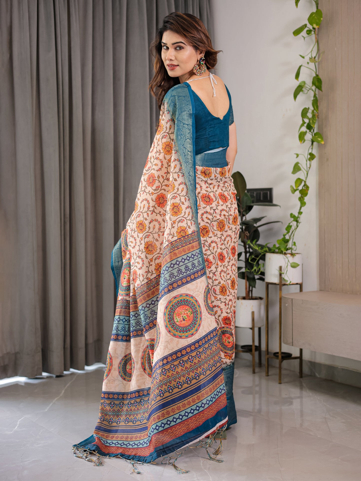 Off-White Cotton Linen Saree with Teal Zari Border & Multicolor Floral Mandala Print | With Blouse Piece