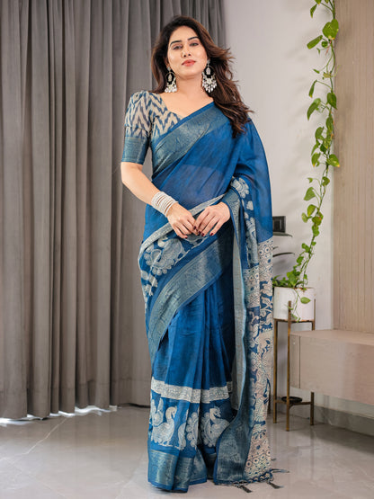 Indigo Blue Cotton Linen Saree with White Peacock Print & Zari Border | Ethnic Wear with Blouse Piece