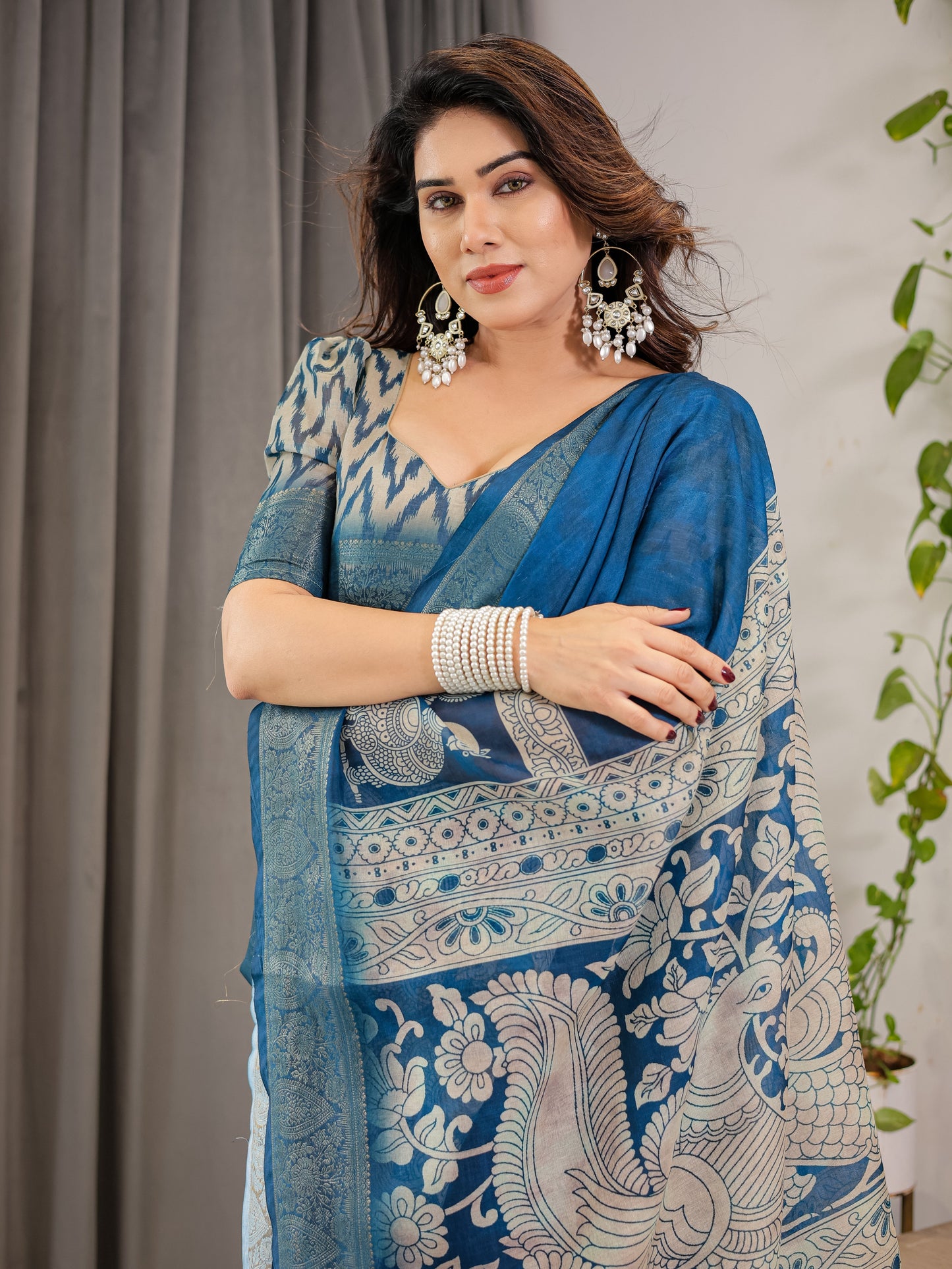 Indigo Blue Cotton Linen Saree with White Peacock Print & Zari Border | Ethnic Wear with Blouse Piece