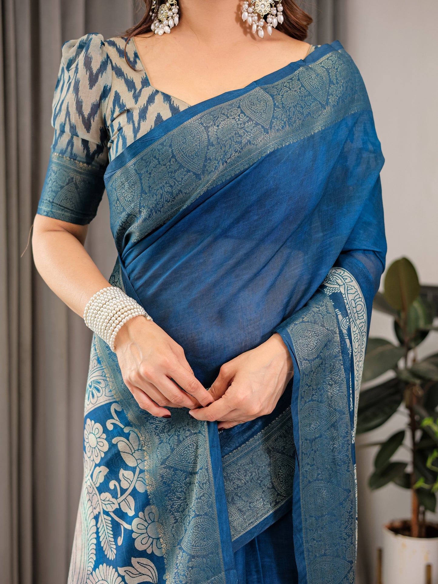 Indigo Blue Cotton Linen Saree with White Peacock Print & Zari Border | Ethnic Wear with Blouse Piece