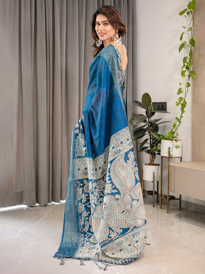 Indigo Blue Cotton Linen Saree with White Peacock Print & Zari Border | Ethnic Wear with Blouse Piece