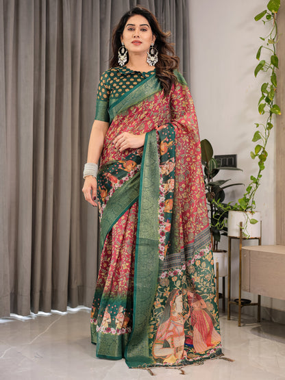Maroon-Green Cotton Linen Saree with Floral Zari Work & Royal Procession Pallu | With Blouse Piece