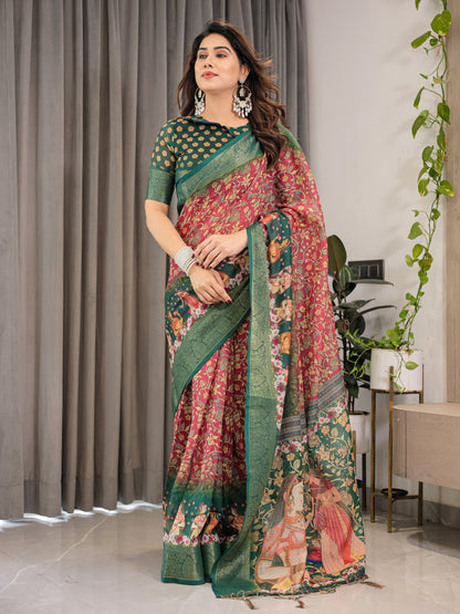 Maroon-Green Cotton Linen Saree with Floral Zari Work & Royal Procession Pallu | With Blouse Piece