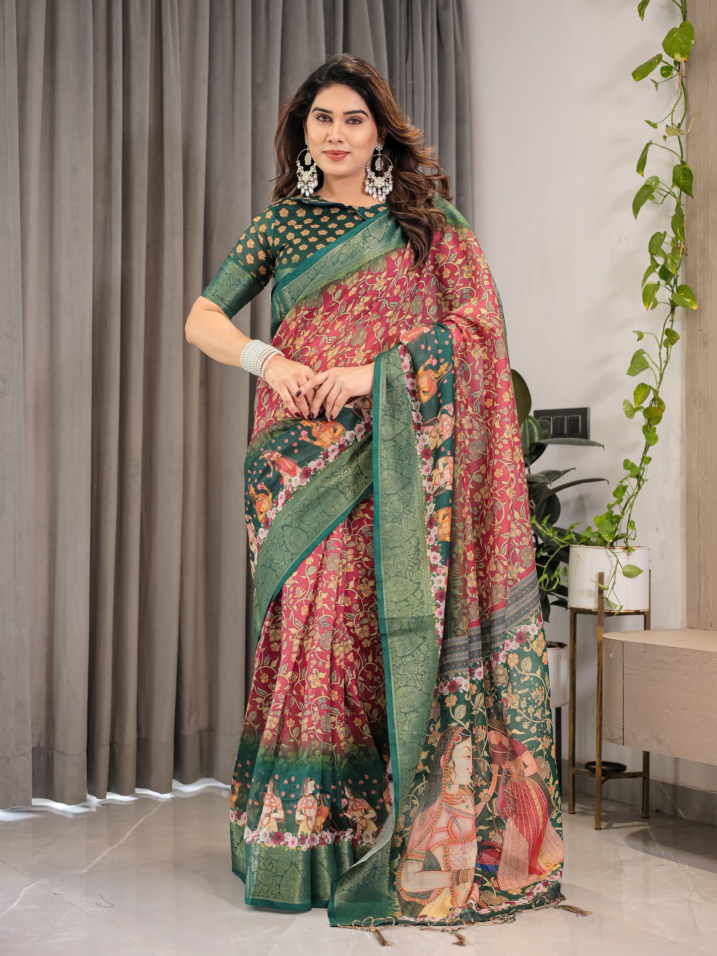 Maroon-Green Cotton Linen Saree with Floral Zari Work & Royal Procession Pallu | With Blouse Piece