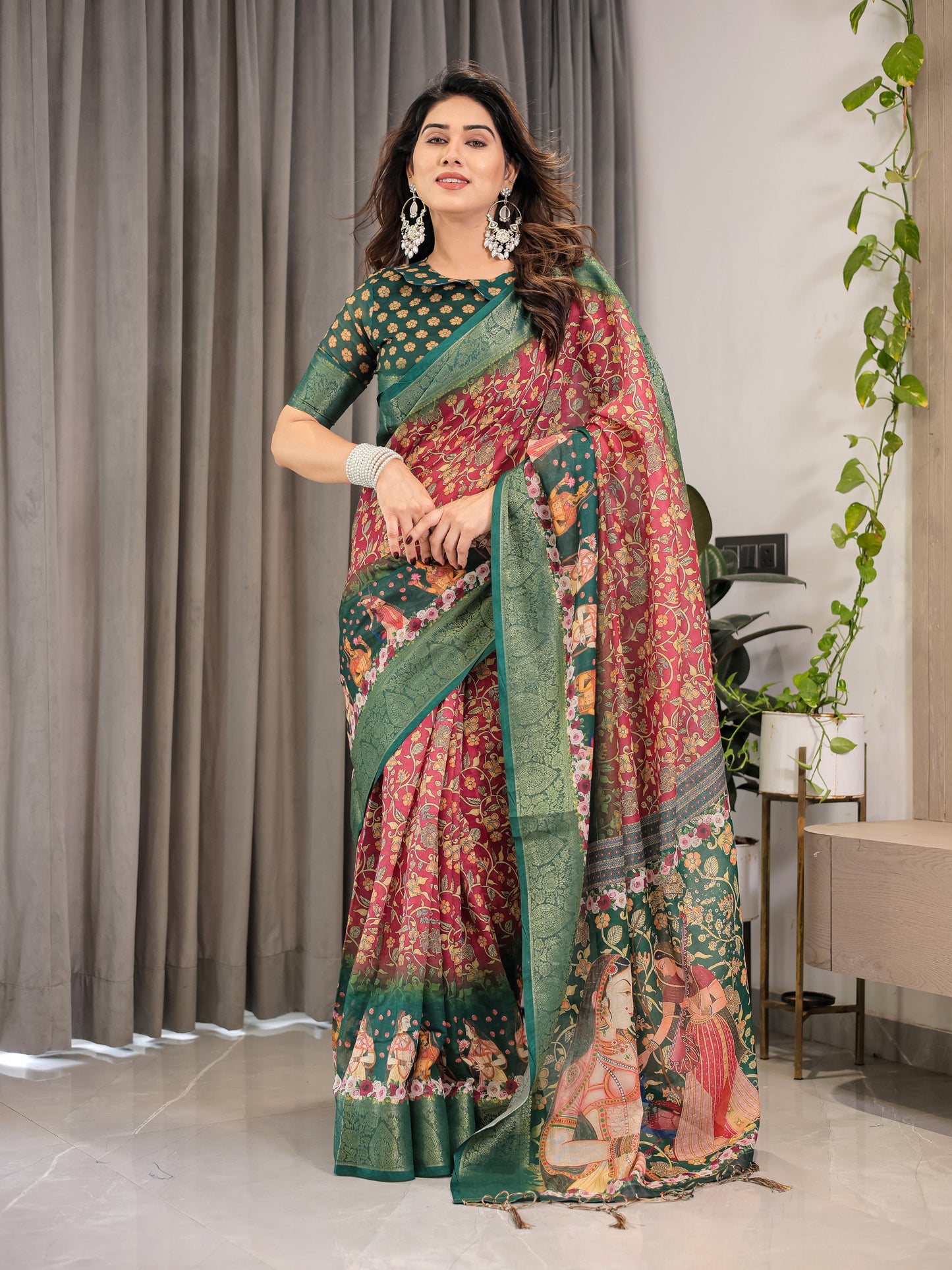 Maroon-Green Cotton Linen Saree with Floral Zari Work & Royal Procession Pallu | With Blouse Piece