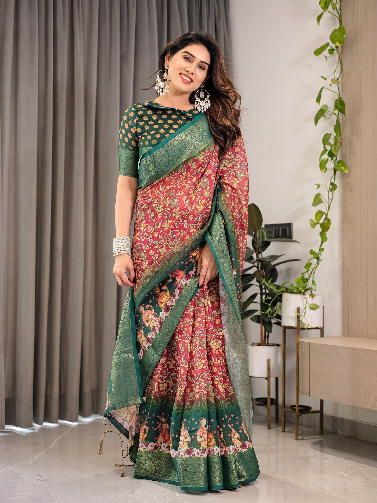 Maroon-Green Cotton Linen Saree with Floral Zari Work & Royal Procession Pallu | With Blouse Piece